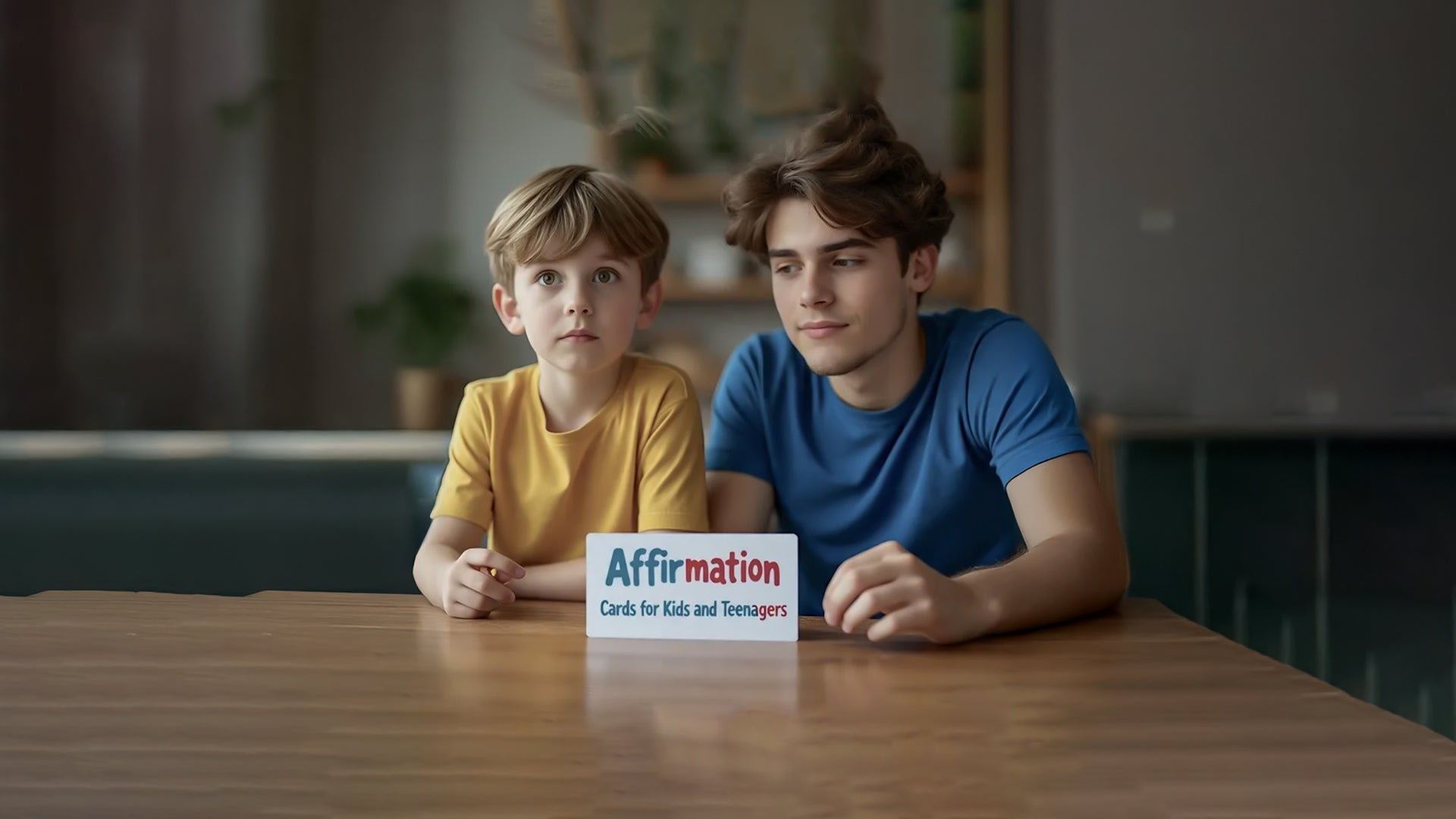 A kid and Teenager sitting at back of the affirmation card placed on the table