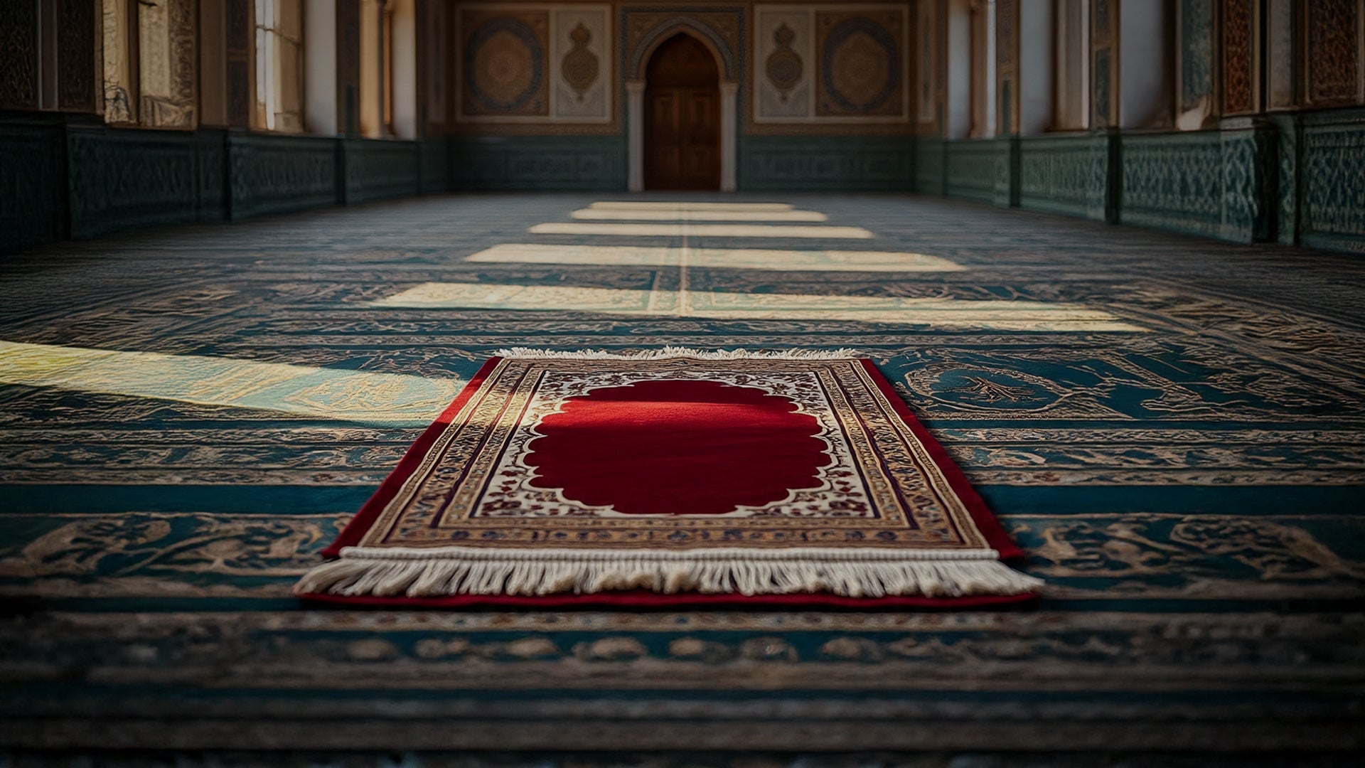 A red prayer rug placed in the mosque
