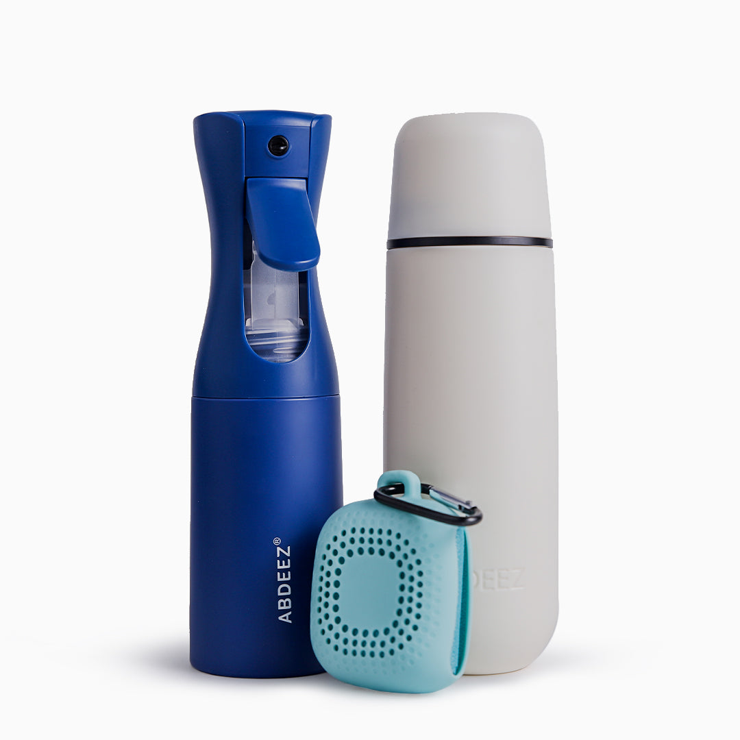 A front view image showing products included in the bundle (portable bidet, wudhu spray, and ablution towel)