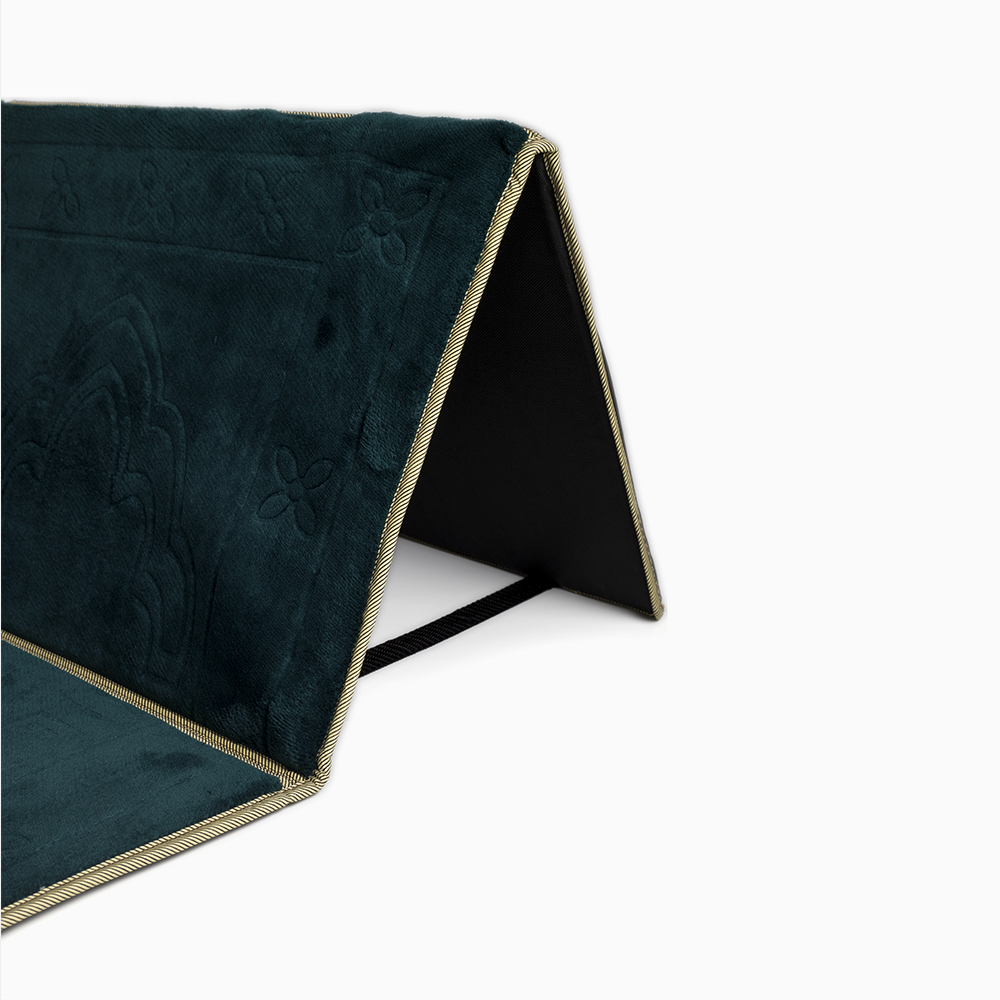 backrest of a dark emerald green colored ebadat prayer rug