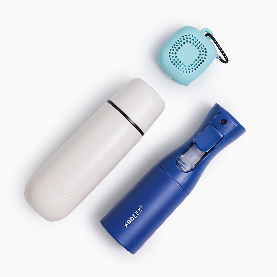 A top-down view of bundle including portable bidet, continuous wudhu spray, and wudhu towel