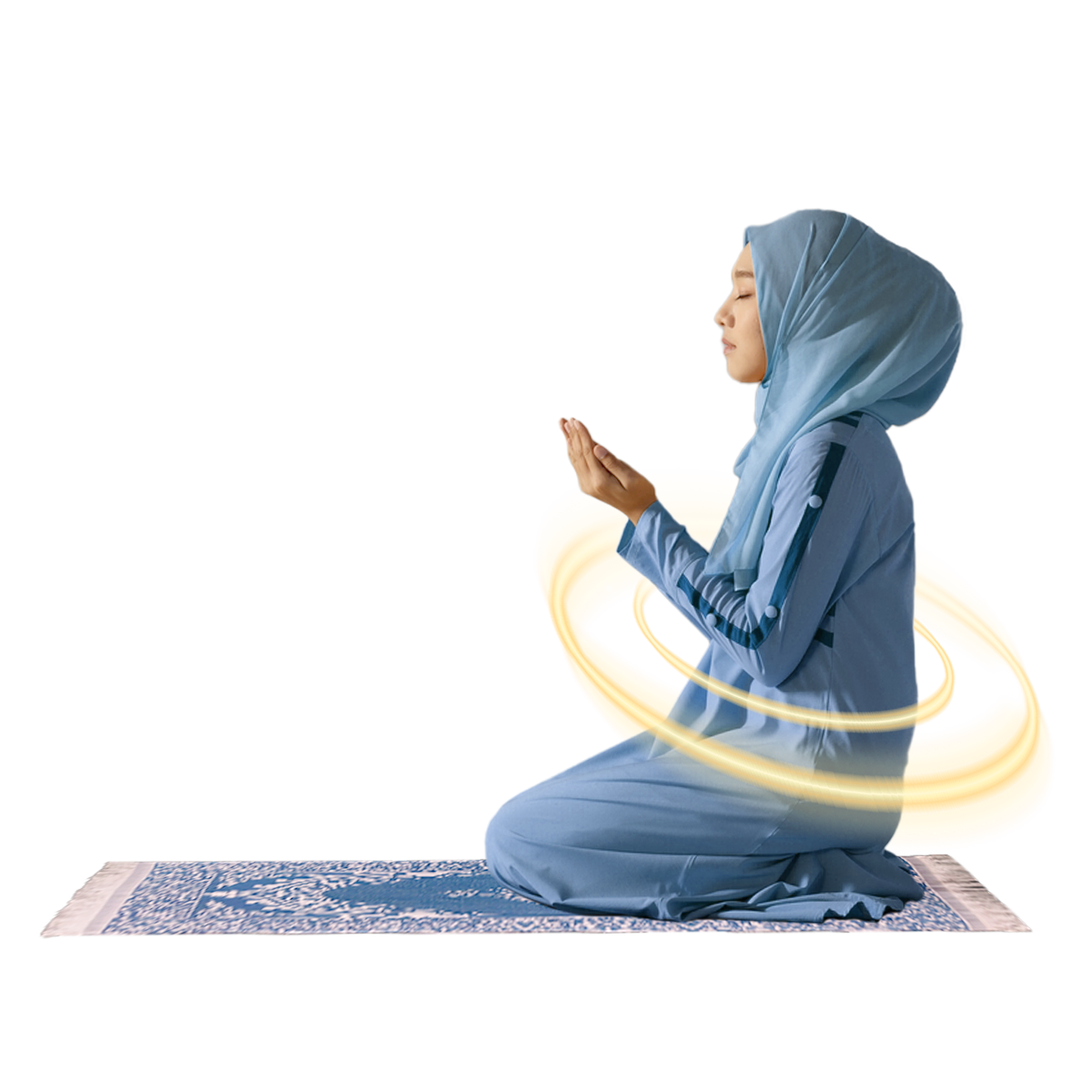 a woman praying on beautiful prayer mat