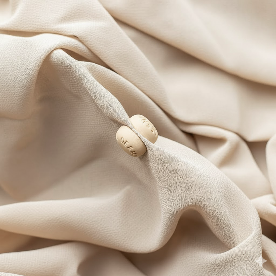 Close-up of warm cream hijab magnets on a cloth