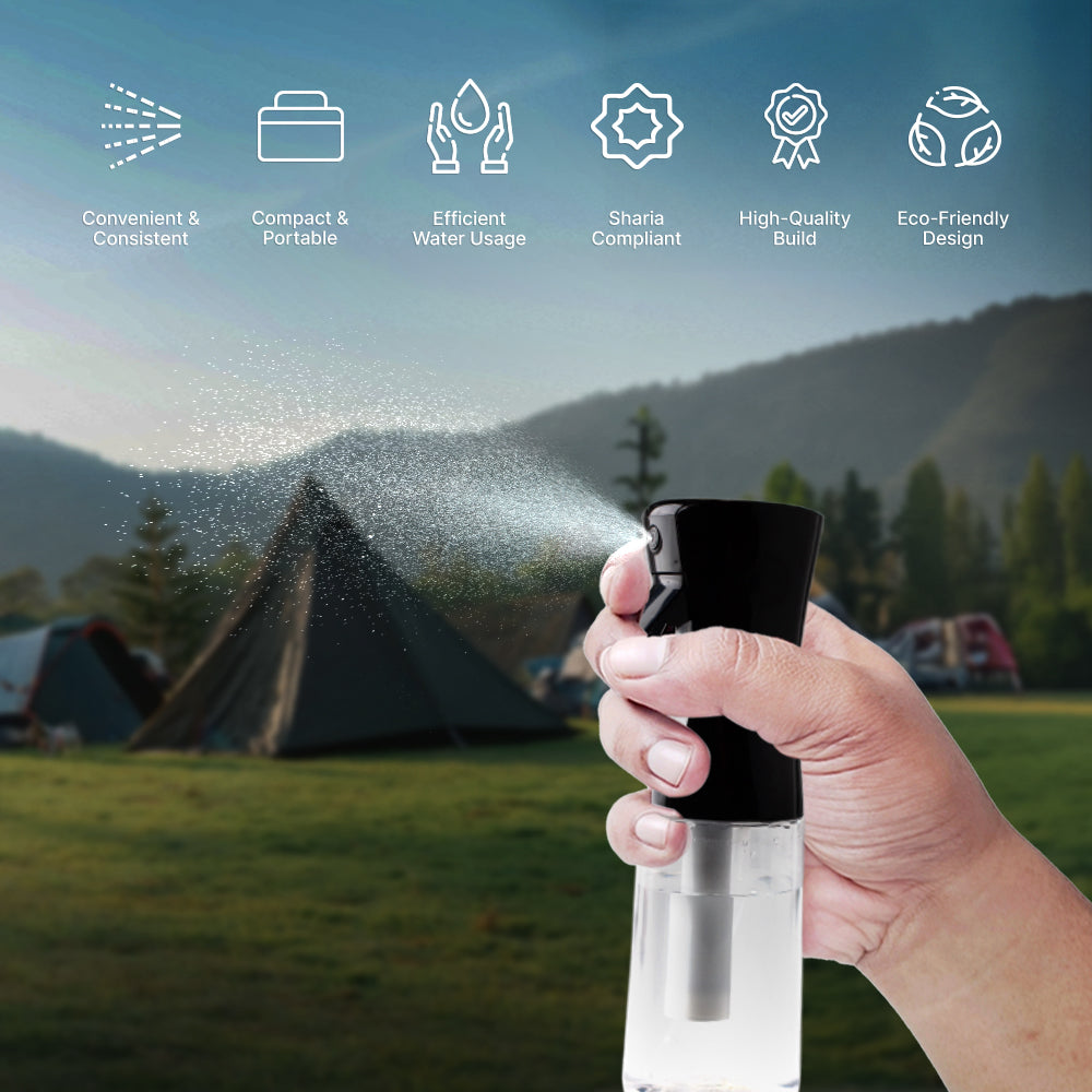 ABDEEZ Continuous Wudhu Spray 19 Person holding the ABDEEZ Continuous Wudhu Spray in a natural outdoor setting, showcasing the product’s key benefits like efficient water usage, portability, Sharia compliance, and eco-friendly design.