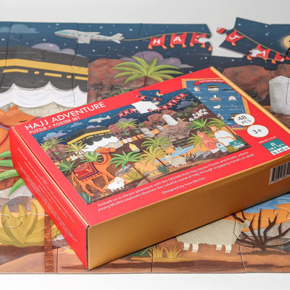 Completed DEENIN Hajj Jigsaw Puzzle on a table, presenting a colorful and educational illustration of the Hajj journey.