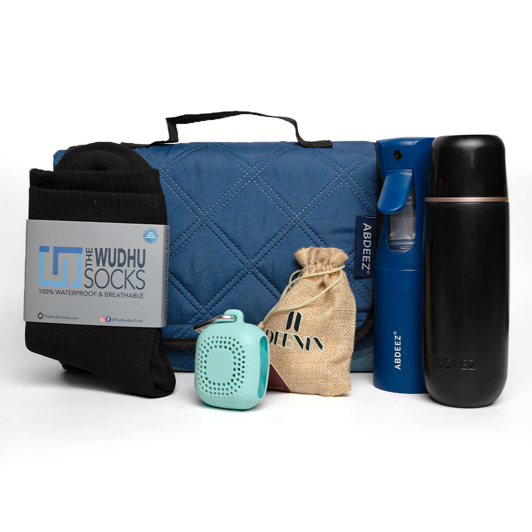 A front view image showing products included in the bundle (portable bidet, wudhu spray, ablution towel, the wudhu socks and salahtrek)