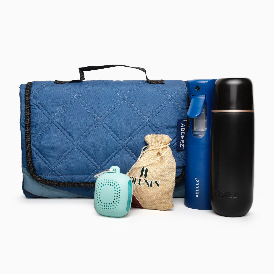 A front view image showing products included in the bundle (portable bidet, wudhu spray, ablution towel, and salahtrek)