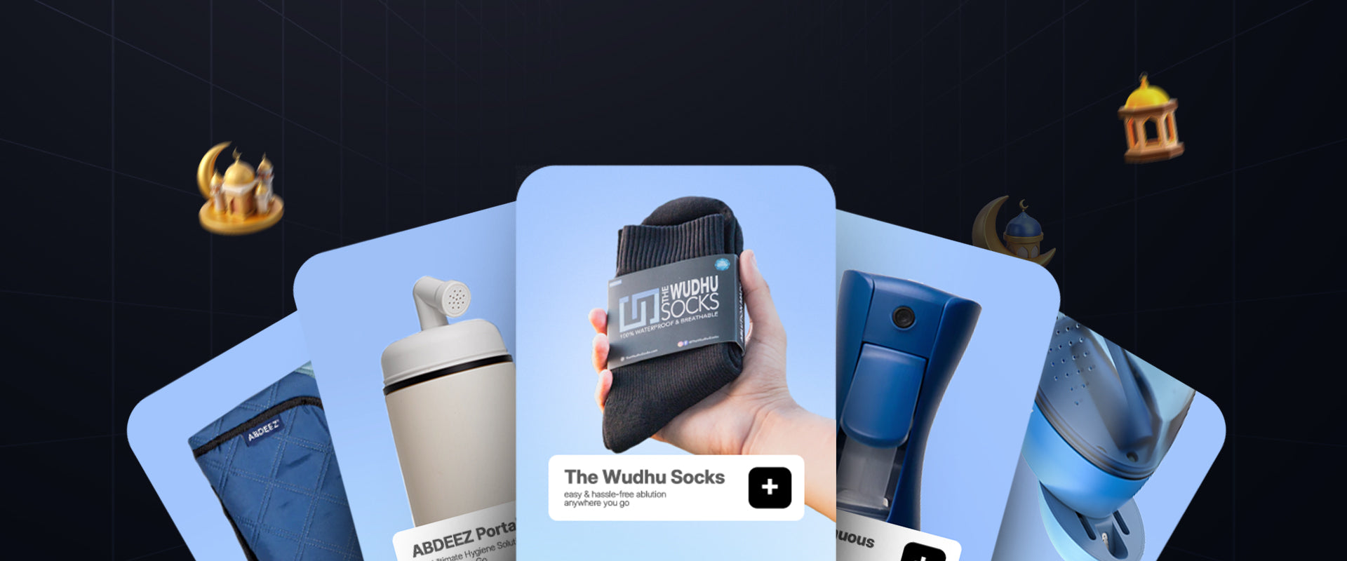 Promotional image of Wudhu products with a focus on 'The Wudhu Socks' on a dark background.