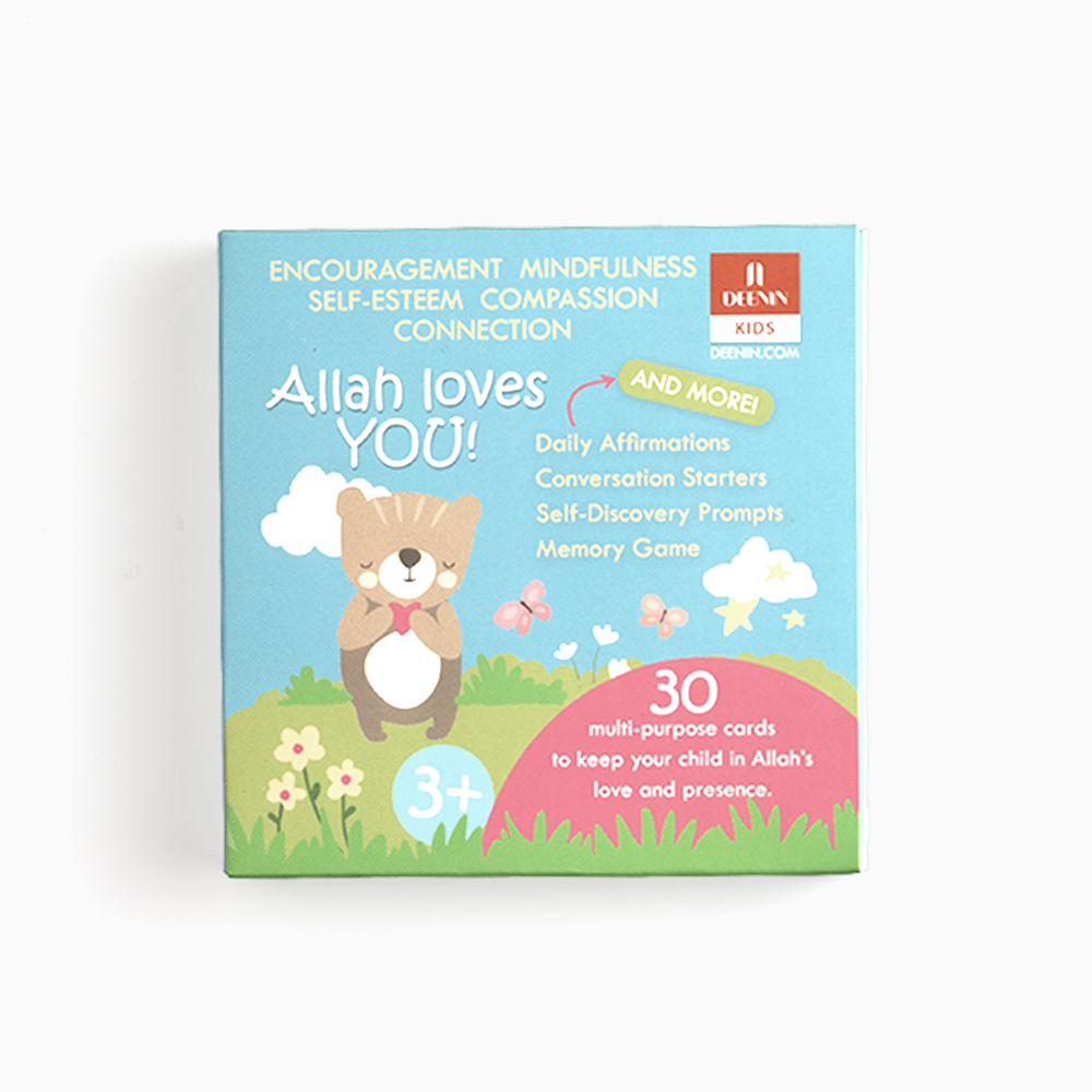 A box of DEENIN Kids 'Allah Loves You!' Affirmation and Memory Cards with a cute bear illustration and floral design.