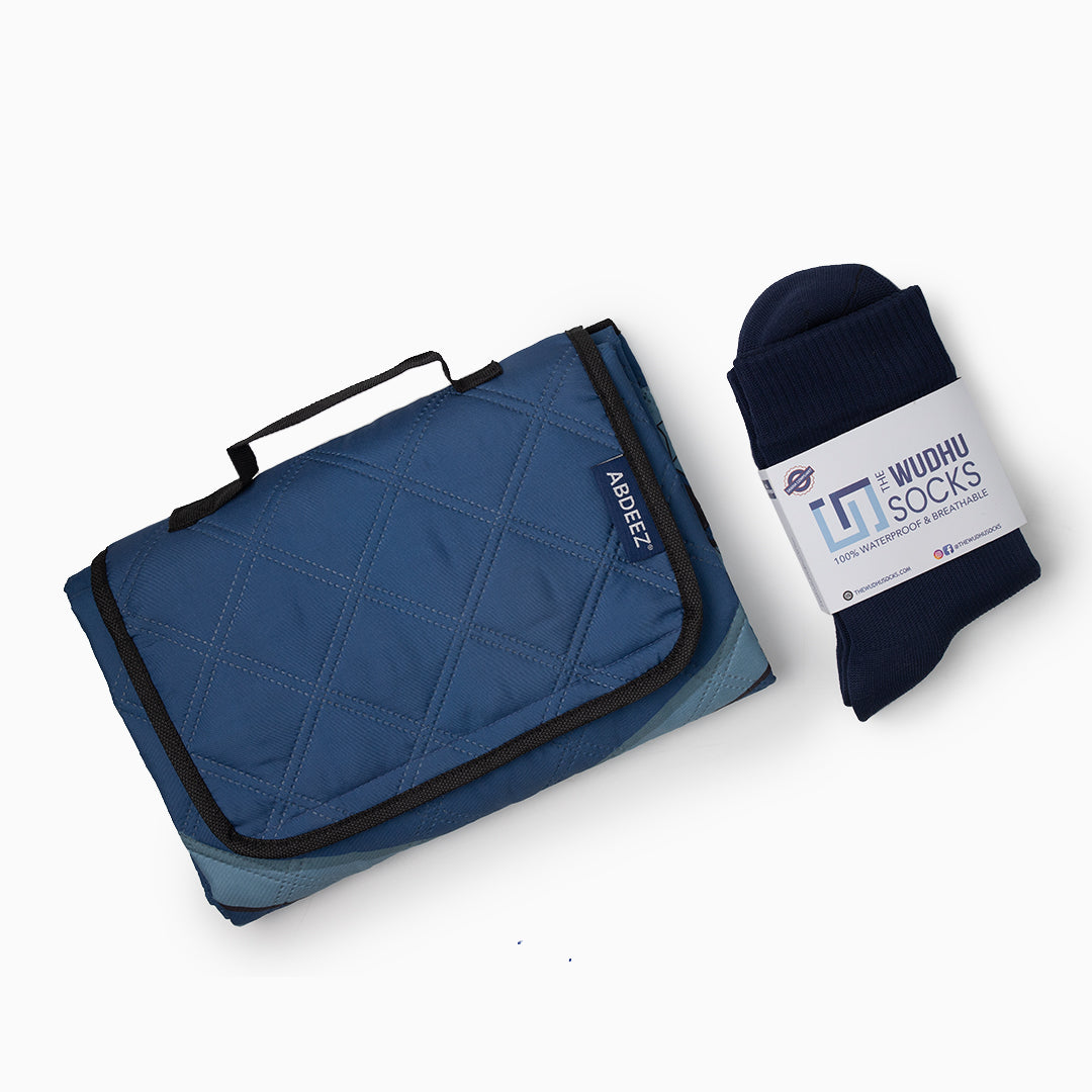 A top-down image displaying the wudhu socks and portable prayer mat i.e. SalahTrek™