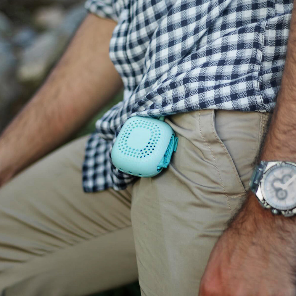 blue wudhu towel attached via hook with pant for ease