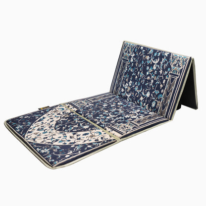 blue color foldable prayer mat with backrest with floral pattern