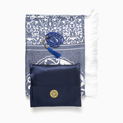 navy blue ebadat prayer rug with blue prayer beads and its pouch
