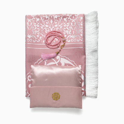 a stylish pink prayer mat along with pink prayer bead and pink pouch for prayer mat