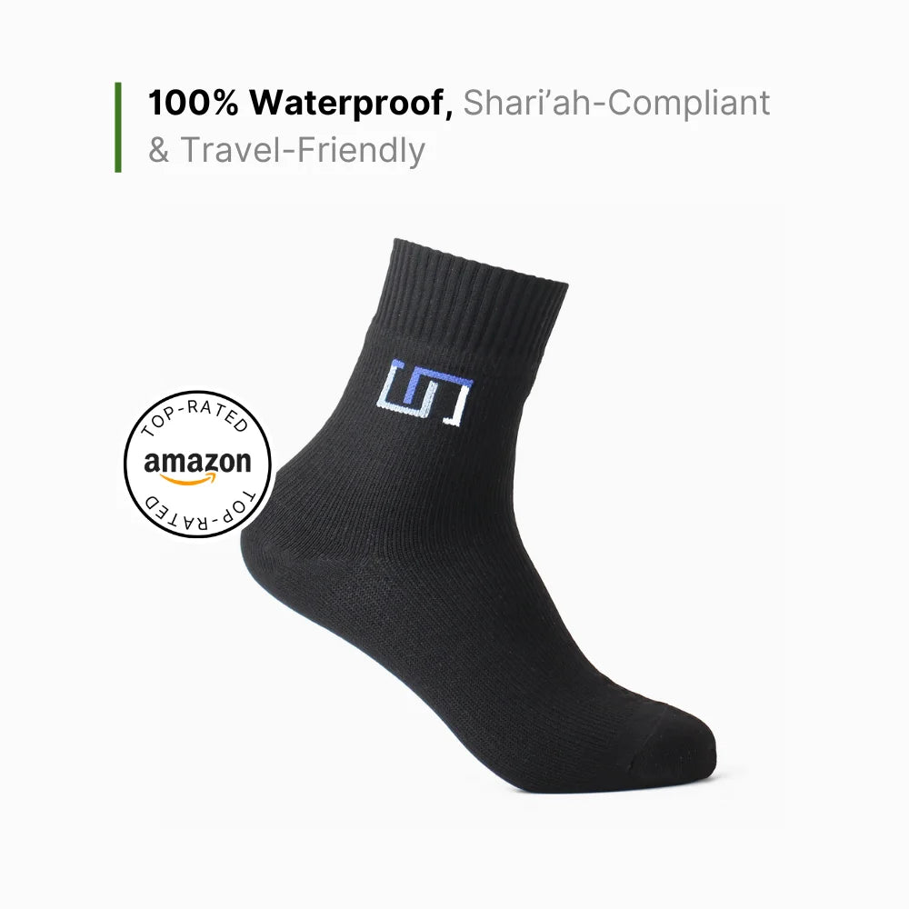 black wudhu sock with a label of top rated on amazon