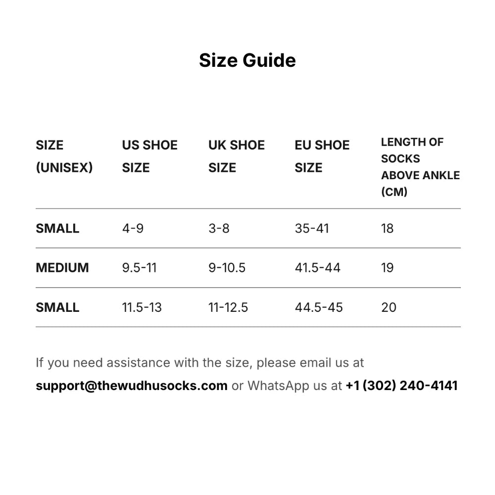 a size guide chart for wudhu socks according to the shoe size
